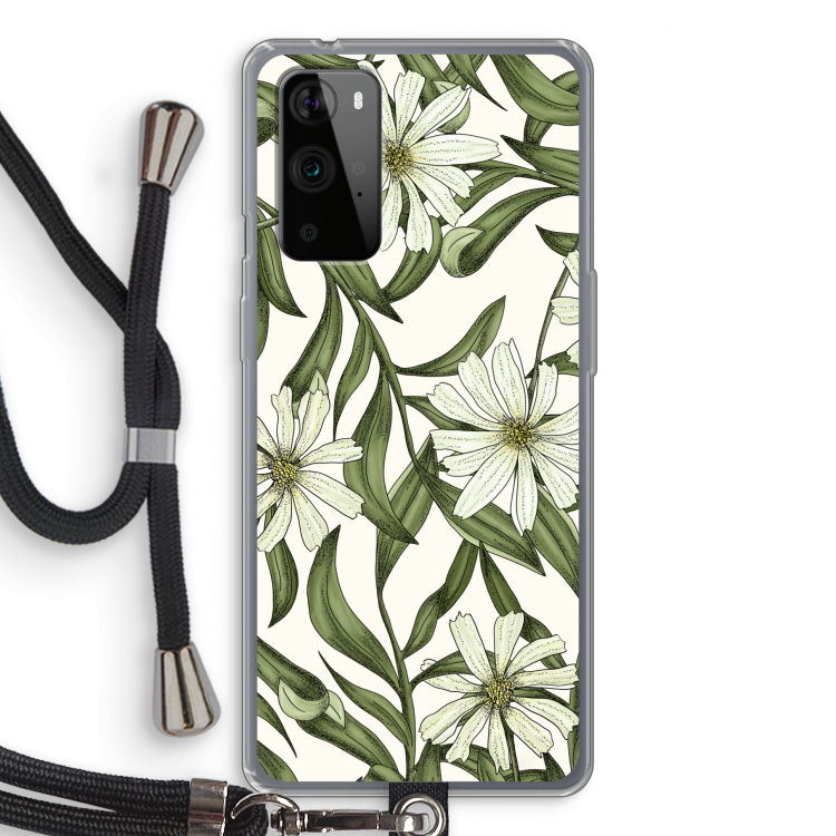 Wit bloemenpatroon: OnePlus 9 Pro Transparant Hoesje met koord