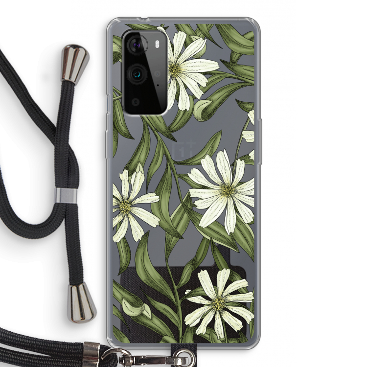 Wit bloemenpatroon: OnePlus 9 Pro Transparant Hoesje met koord