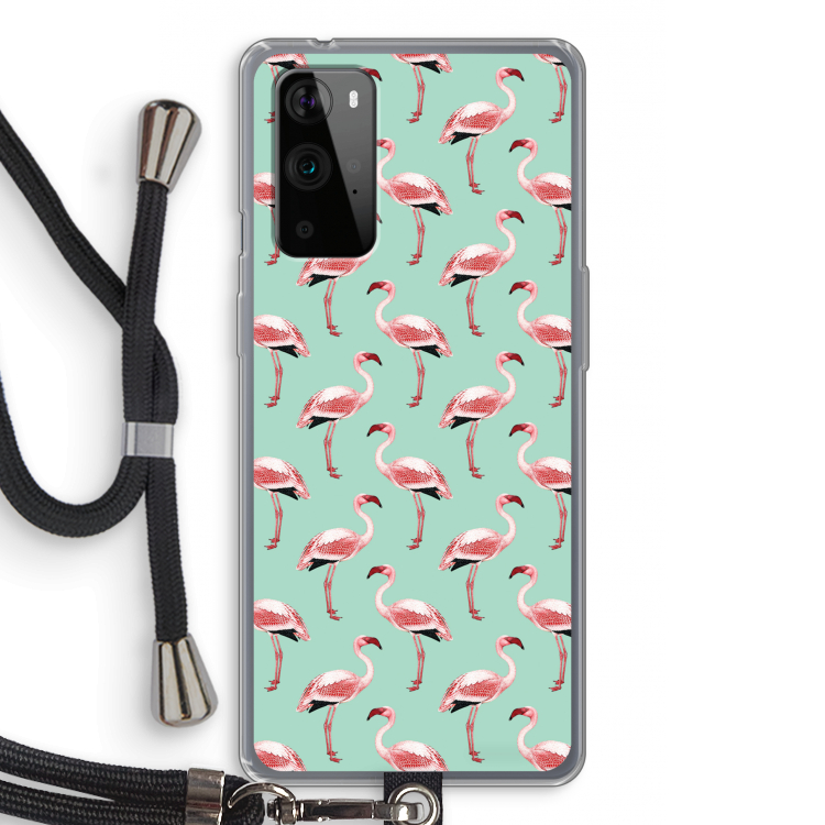 Flamingoprint groen: OnePlus 9 Pro Transparant Hoesje met koord