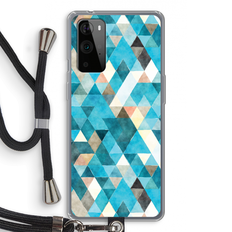 Gekleurde driehoekjes blauw: OnePlus 9 Pro Transparant Hoesje met koord