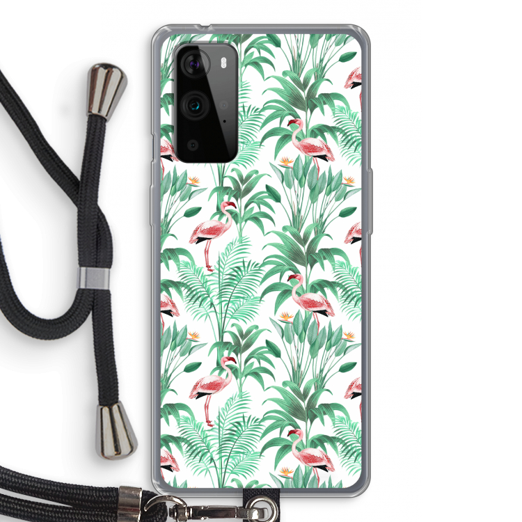 Flamingo bladeren: OnePlus 9 Pro Transparant Hoesje met koord