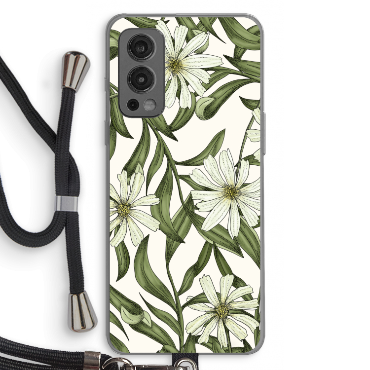 Wit bloemenpatroon: OnePlus Nord 2 5G Transparant Hoesje met koord