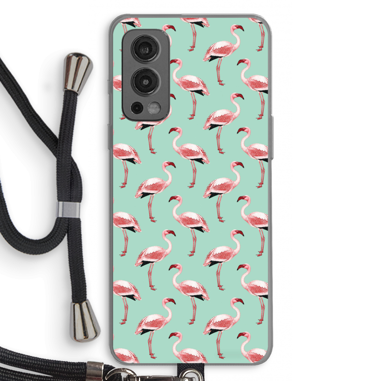 Flamingoprint groen: OnePlus Nord 2 5G Transparant Hoesje met koord