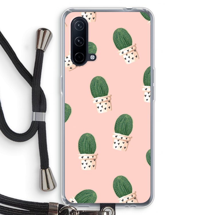Cactusprint roze: OnePlus Nord CE 5G Transparant Hoesje met koord