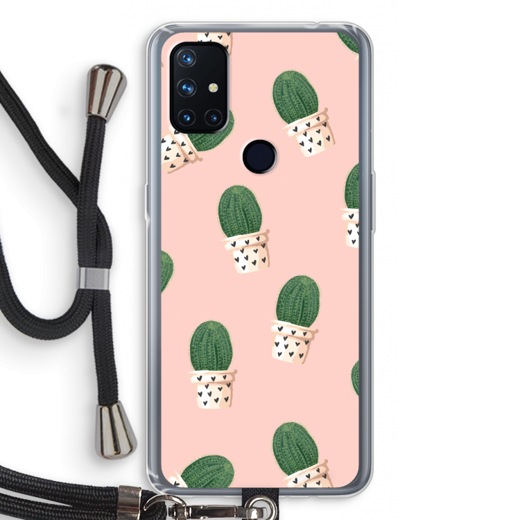 Cactusprint roze: OnePlus Nord N10 5G Transparant Hoesje met koord