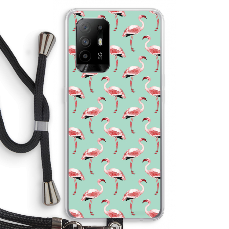 Flamingoprint groen: Oppo A94 5G Transparant Hoesje met koord