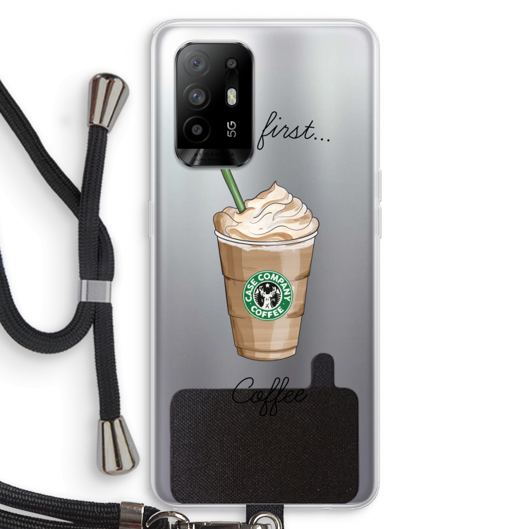 But first coffee: Oppo A94 5G Transparant Hoesje met koord