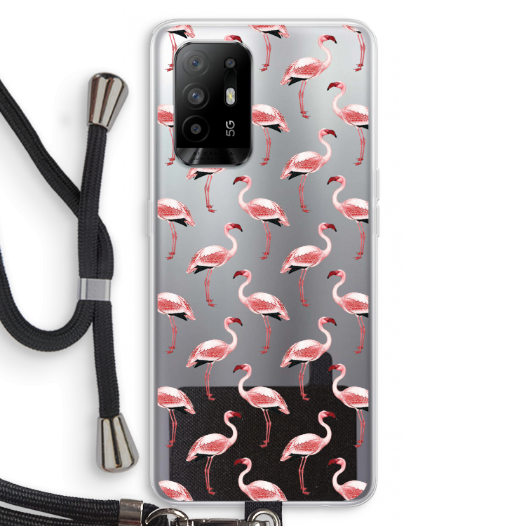 Flamingoprint groen: Oppo A94 5G Transparant Hoesje met koord