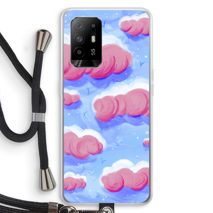 Roze wolken met vogels: Oppo A95 5G Transparant Hoesje met koord