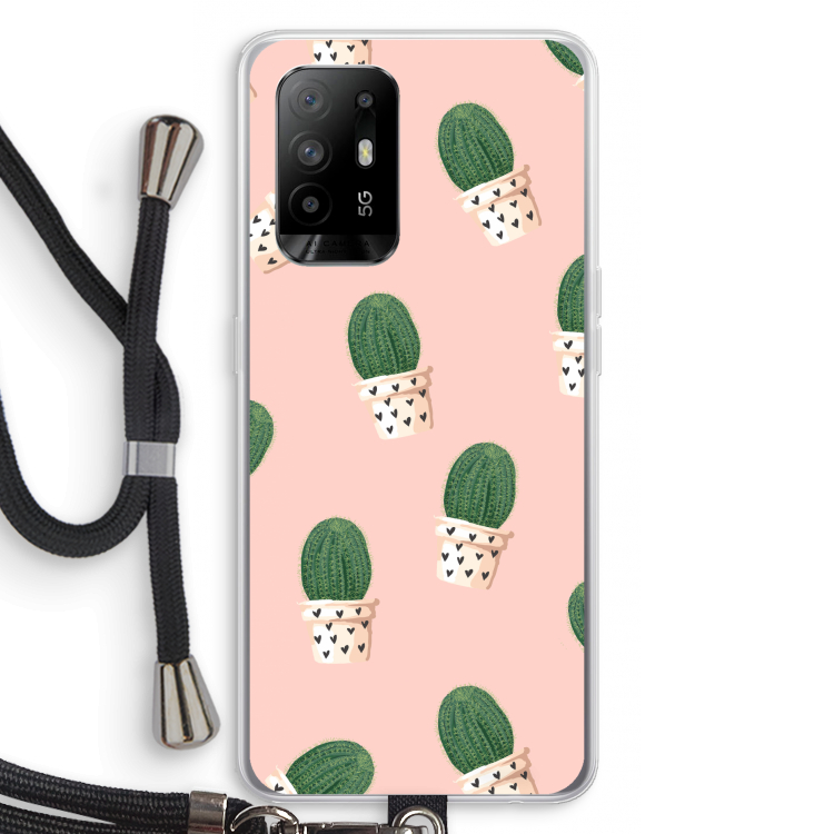 Cactusprint roze: Oppo A95 5G Transparant Hoesje met koord