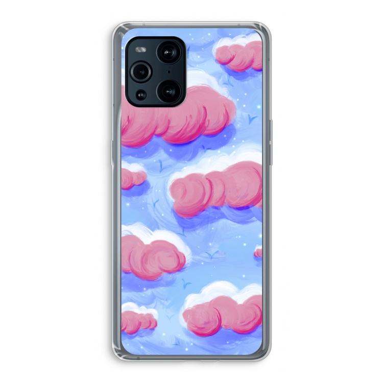 Roze wolken met vogels: Oppo Find X3 Transparant Hoesje