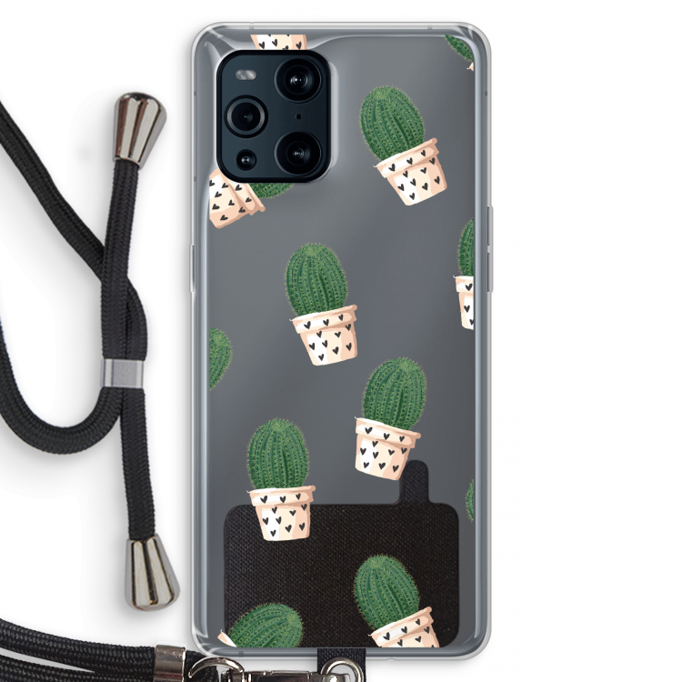 Cactusprint roze: Oppo Find X3 Transparant Hoesje met koord