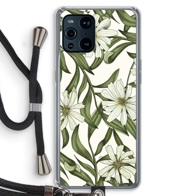 Wit bloemenpatroon: Oppo Find X3 Pro Transparant Hoesje met koord