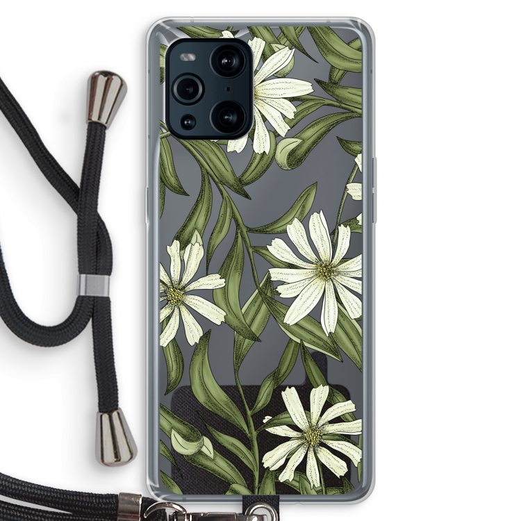 Wit bloemenpatroon: Oppo Find X3 Pro Transparant Hoesje met koord