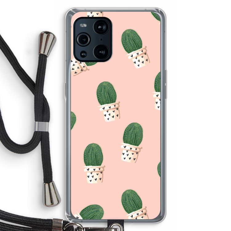 Cactusprint roze: Oppo Find X3 Pro Transparant Hoesje met koord