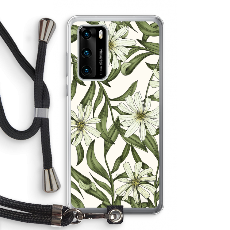Wit bloemenpatroon: Huawei P40 Transparant Hoesje met koord