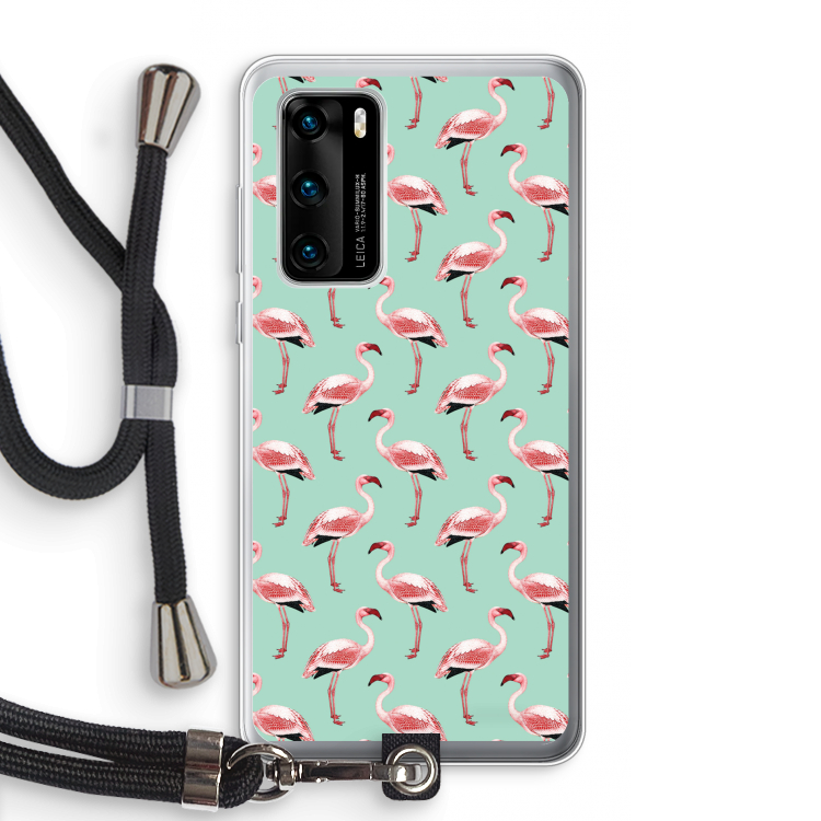 Flamingoprint groen: Huawei P40 Transparant Hoesje met koord