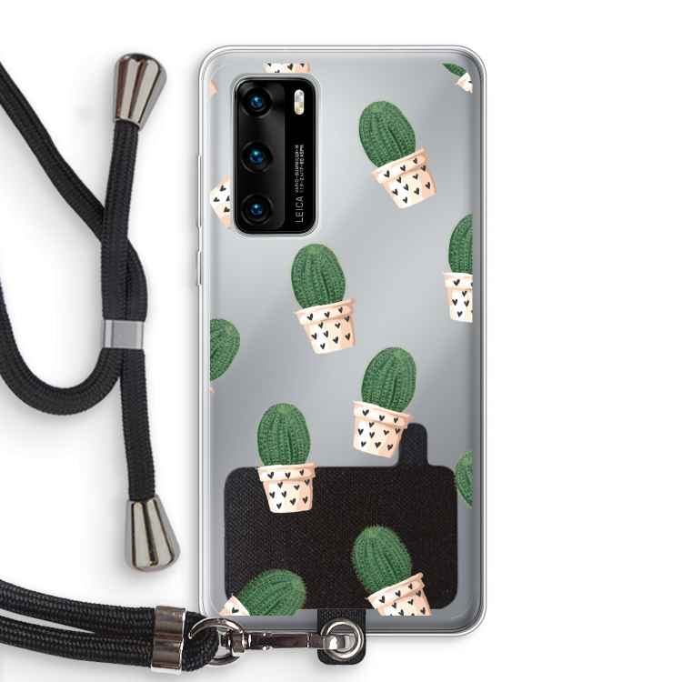 Cactusprint roze: Huawei P40 Transparant Hoesje met koord