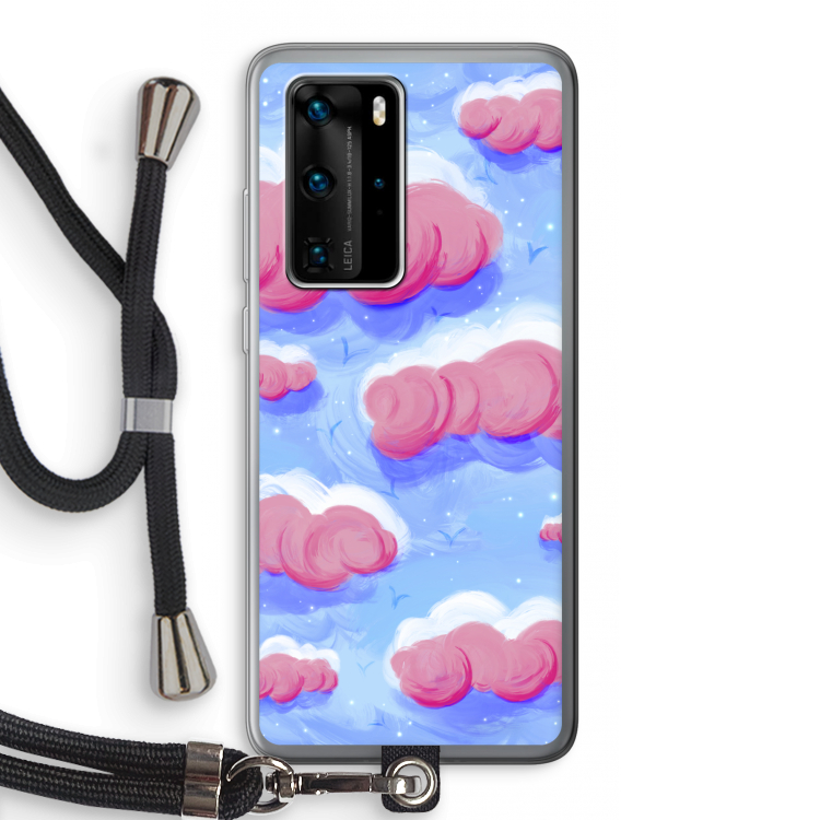 Roze wolken met vogels: Huawei P40 Pro Transparant Hoesje met koord