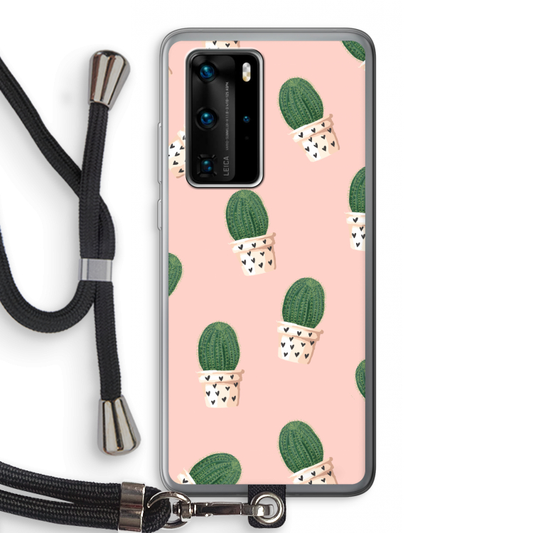 Cactusprint roze: Huawei P40 Pro Transparant Hoesje met koord