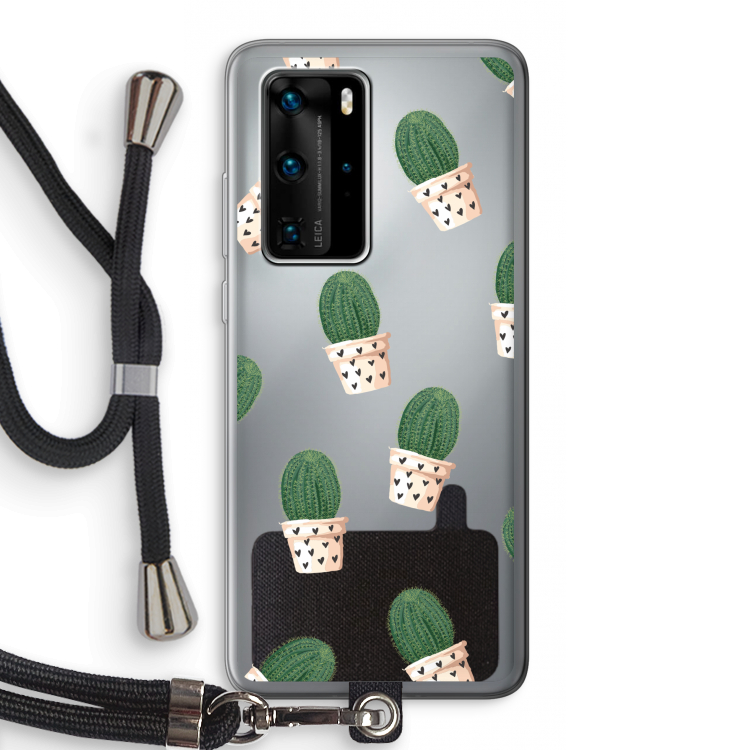 Cactusprint roze: Huawei P40 Pro Transparant Hoesje met koord