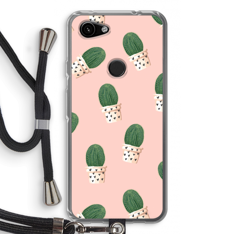 Cactusprint roze: Pixel 3a Transparant Hoesje met koord