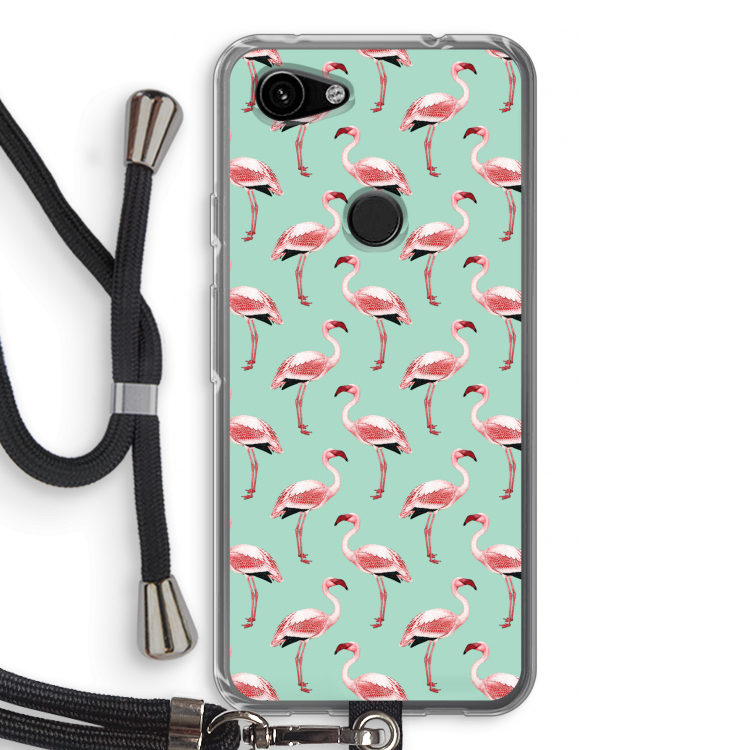 Flamingoprint groen: Pixel 3a Transparant Hoesje met koord