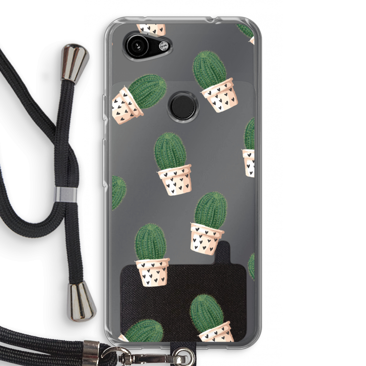 Cactusprint roze: Pixel 3a Transparant Hoesje met koord