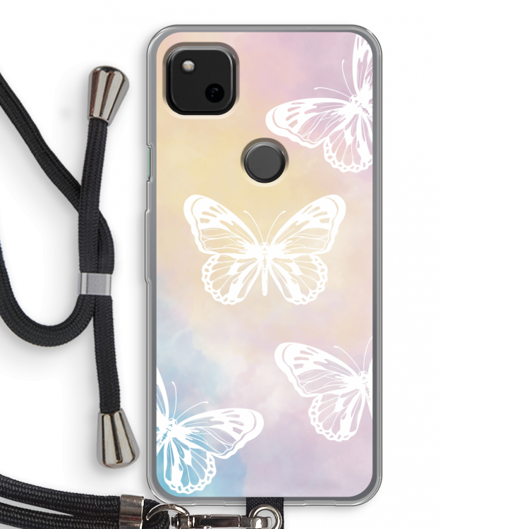 White butterfly: Pixel 4a Transparant Hoesje met koord