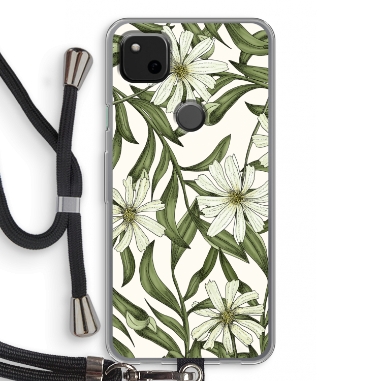 Wit bloemenpatroon: Pixel 4a Transparant Hoesje met koord