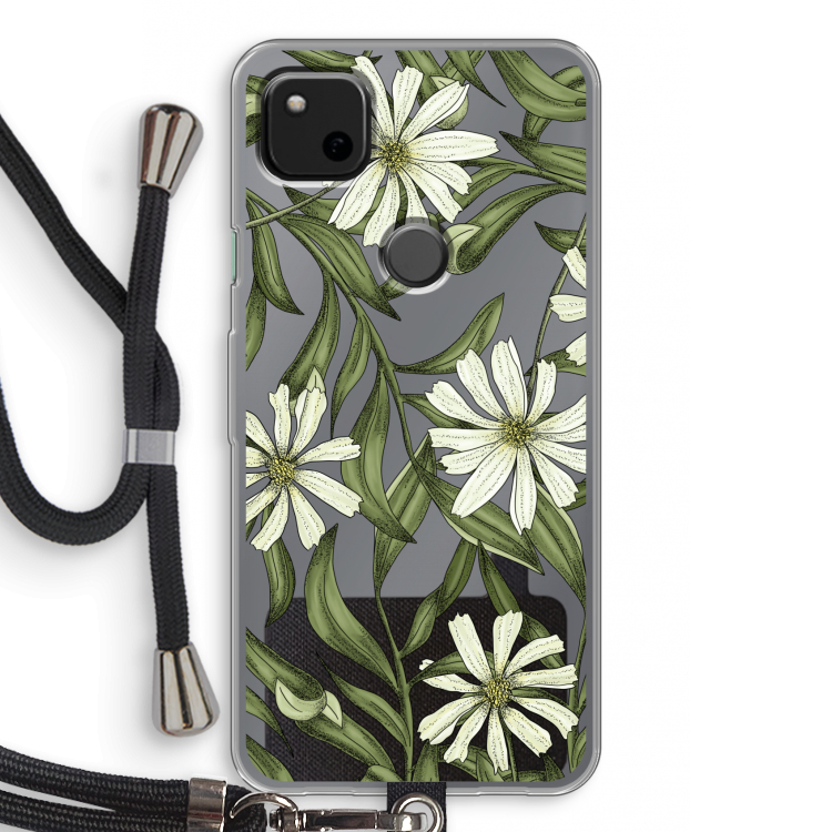 Wit bloemenpatroon: Pixel 4a Transparant Hoesje met koord