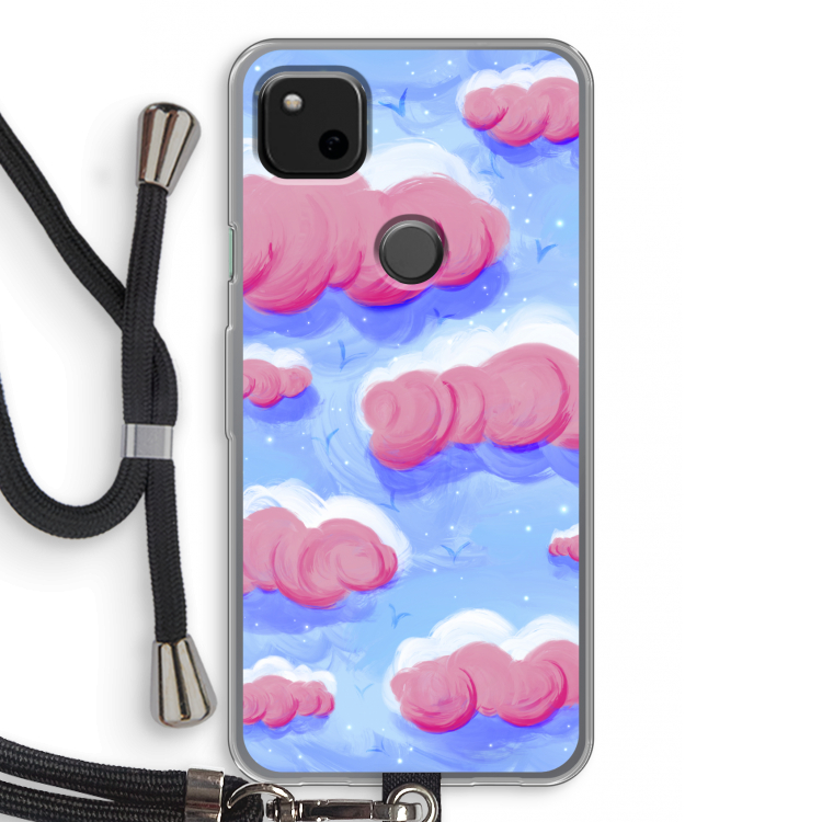 Roze wolken met vogels: Pixel 4a Transparant Hoesje met koord