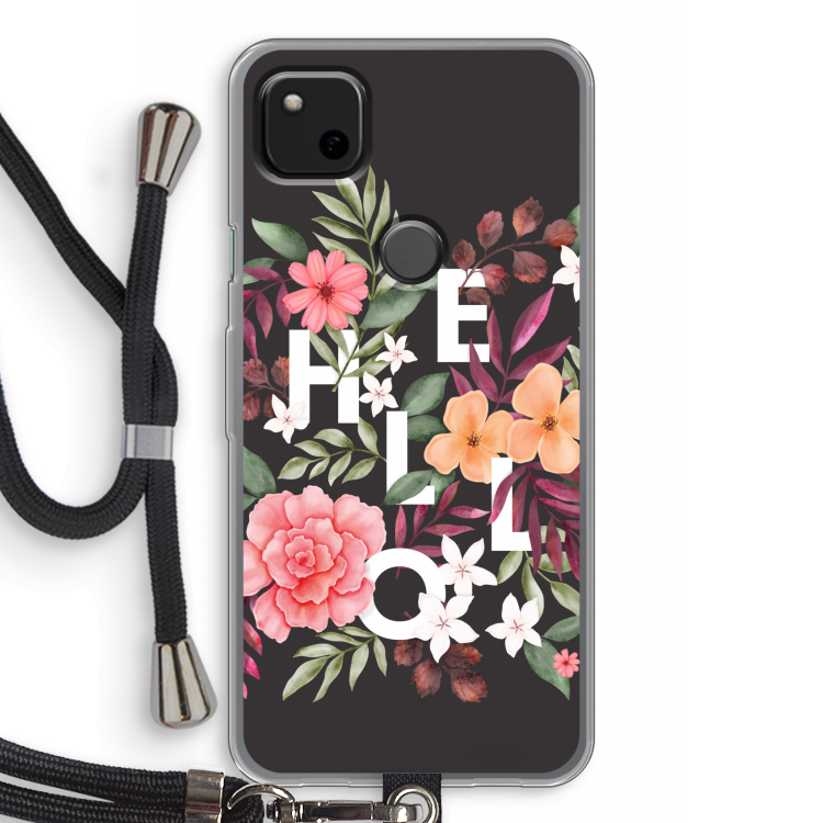 Hello in flowers: Pixel 4a Transparant Hoesje met koord