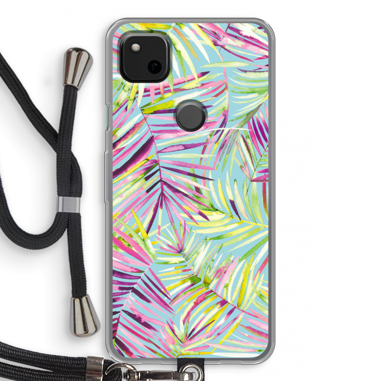 Tropical Palms Blue: Pixel 4a Transparant Hoesje met koord