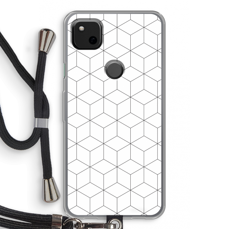 Zwart-witte kubussen: Pixel 4a Transparant Hoesje met koord