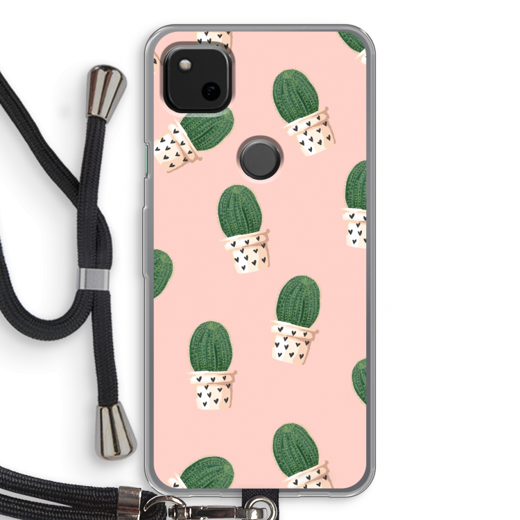 Cactusprint roze: Pixel 4a Transparant Hoesje met koord