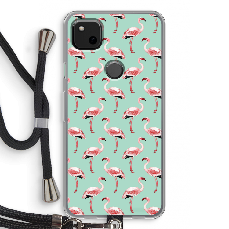 Flamingoprint groen: Pixel 4a Transparant Hoesje met koord