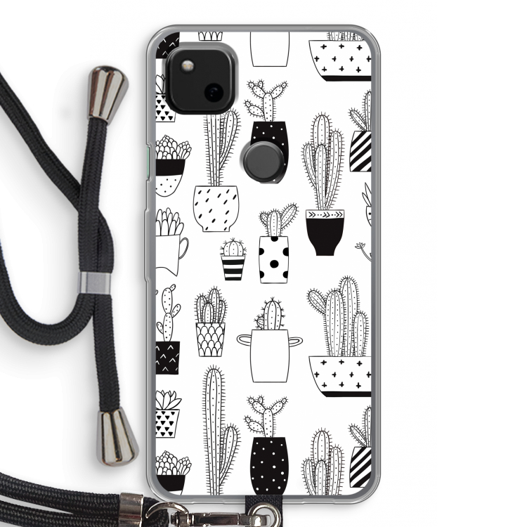 Cactusmotief: Pixel 4a Transparant Hoesje met koord