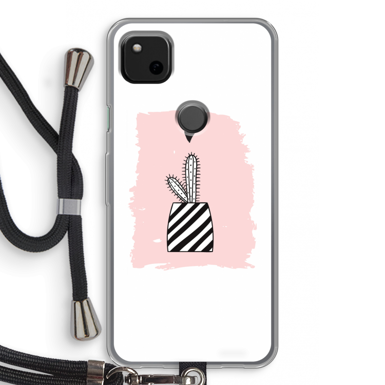 Zwart-wit cactus: Pixel 4a Transparant Hoesje met koord