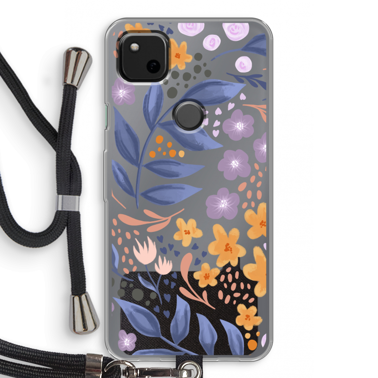 Flowers with blue leaves: Pixel 4a Transparant Hoesje met koord