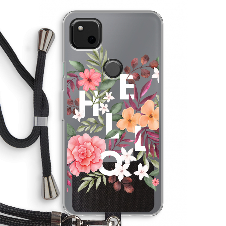 Hello in flowers: Pixel 4a Transparant Hoesje met koord
