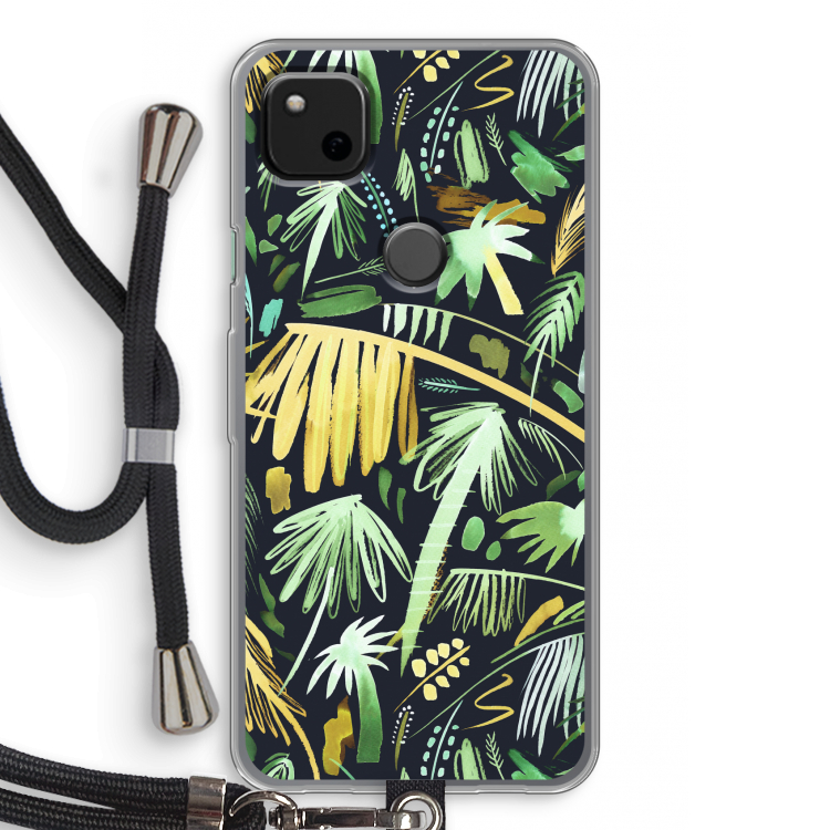 Tropical Palms Dark: Pixel 4a Transparant Hoesje met koord