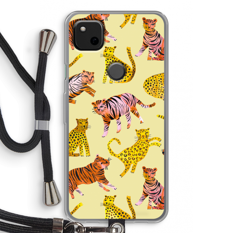 Cute Tigers and Leopards: Pixel 4a Transparant Hoesje met koord