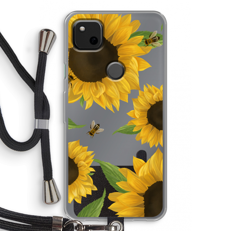 Sunflower and bees: Pixel 4a Transparant Hoesje met koord