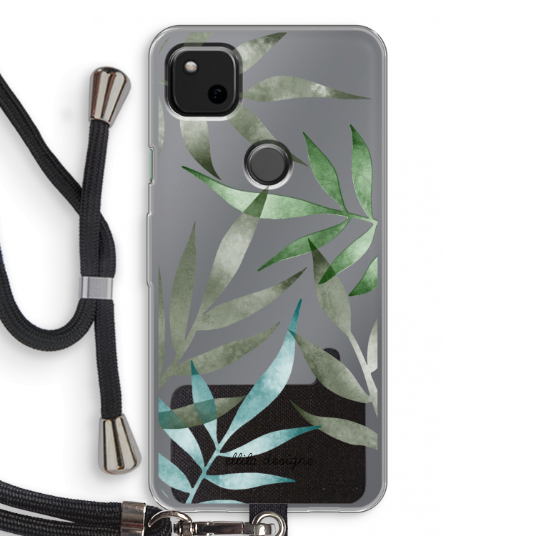 Tropical watercolor leaves: Pixel 4a Transparant Hoesje met koord