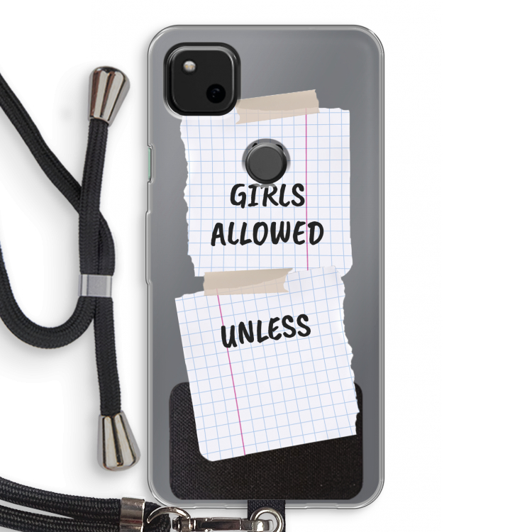 No Girls Allowed Unless: Pixel 4a Transparant Hoesje met koord