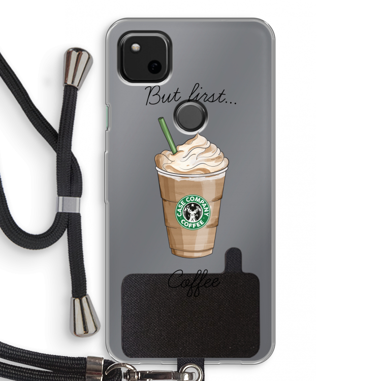 But first coffee: Pixel 4a Transparant Hoesje met koord