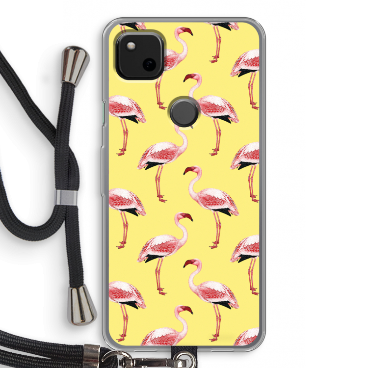 Flamingo's geel: Pixel 4a Transparant Hoesje met koord