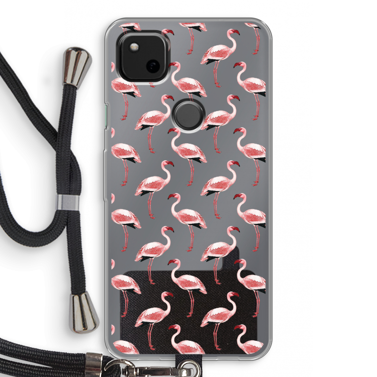 Flamingoprint groen: Pixel 4a Transparant Hoesje met koord
