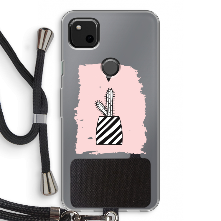 Zwart-wit cactus: Pixel 4a Transparant Hoesje met koord